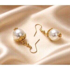 Gold Tone Pearl Drop Dangle Earrings Elegant Bridal Wedding Jewelry